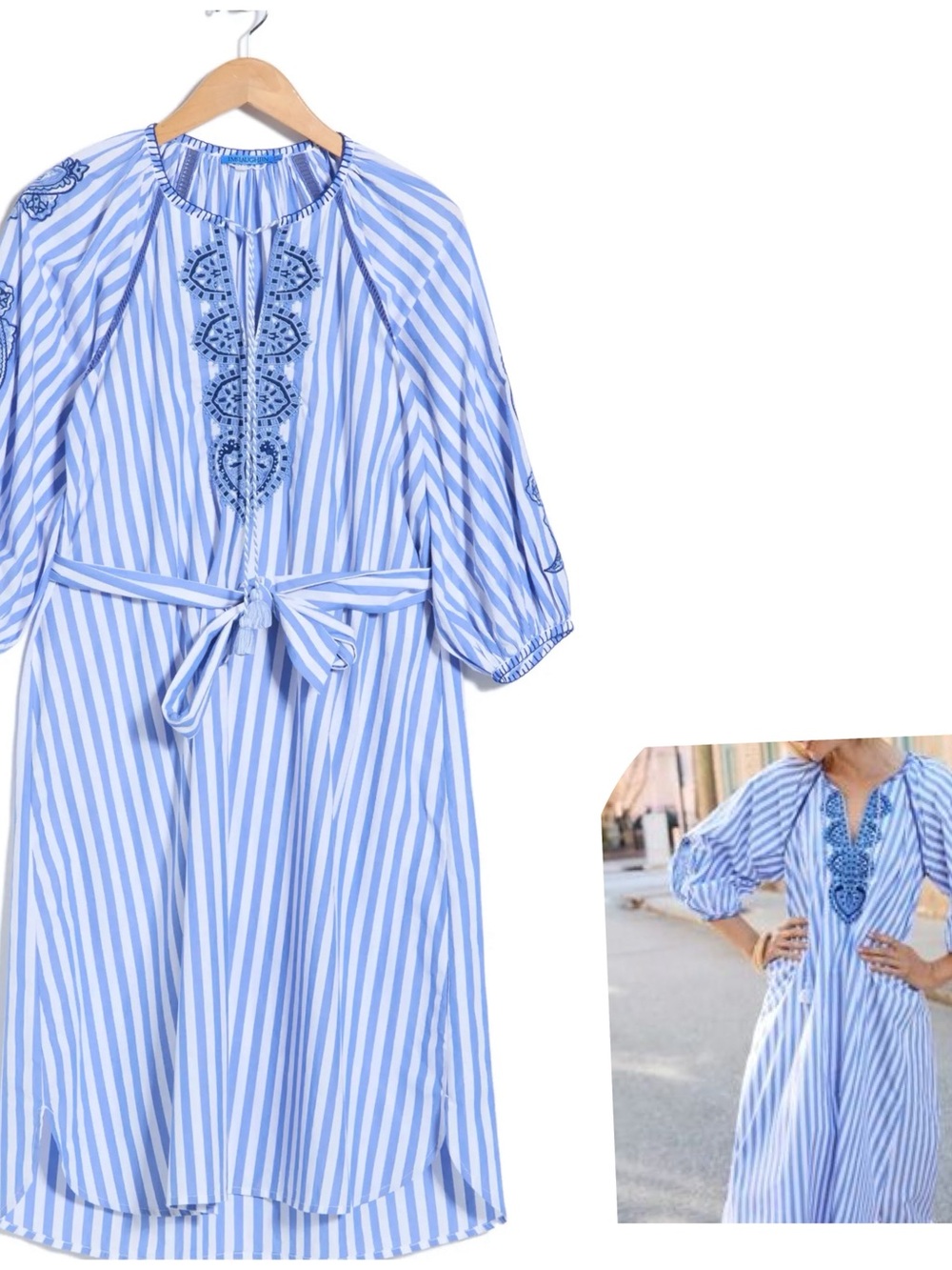 J. McLaughlin Light Blue & White Striped Embroidered Tie-Waist Midi Dress